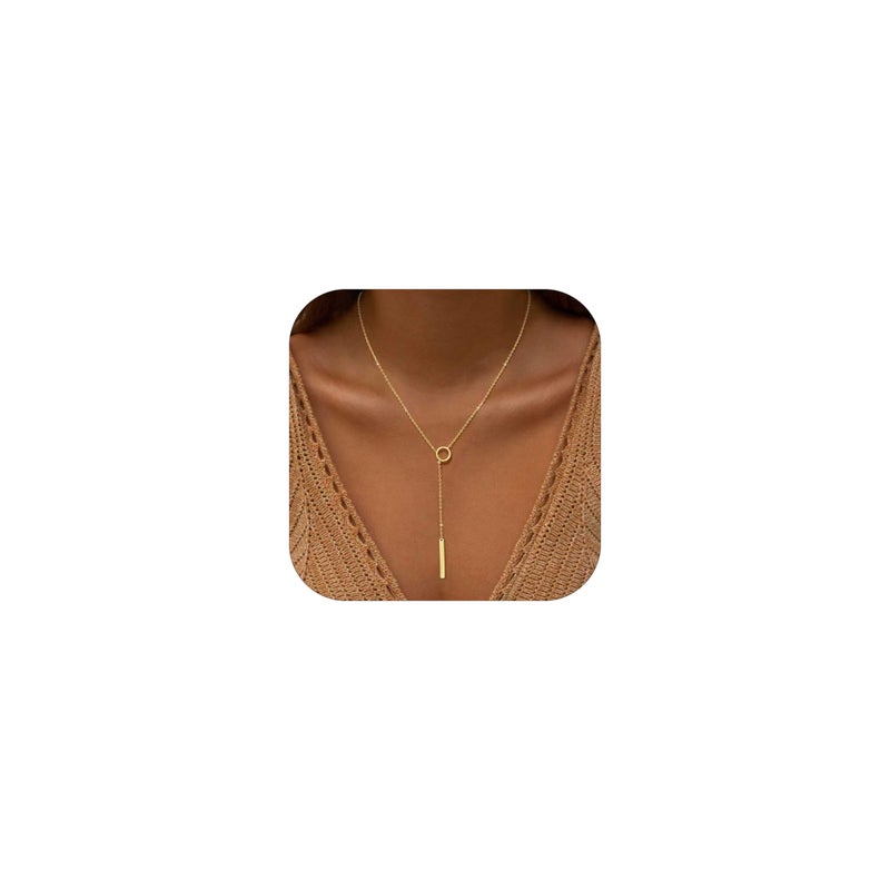 SWRNR Lariat Necklace for Women, Dainty 14K Gold/Silver Plated Long Necklaces for Women Trendy Simple Layered Y-Shaped Pendant Necklace Adjustable Fashion Jewelry Gift, Gold, Bar Pendant - Image 1