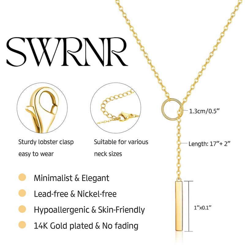 SWRNR Lariat Necklace for Women, Dainty 14K Gold/Silver Plated Long Necklaces for Women Trendy Simple Layered Y-Shaped Pendant Necklace Adjustable Fashion Jewelry Gift, Gold, Bar Pendant - Image 5