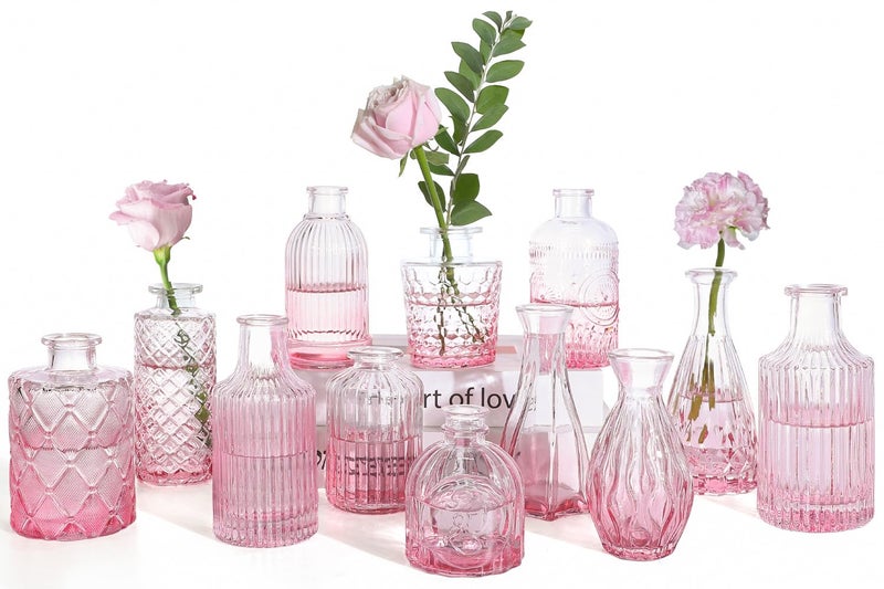 TBWIND Pink Glass Bud Vases Set of 12, Vintage Mini Vases for Centerpieces, Glass Bud Vase in Bulk for Wedding Decor, Single Flowers, Office and Home Table Flower DÃ©cor - Image 1