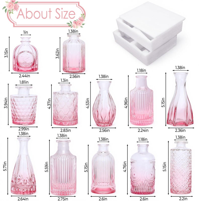 TBWIND Pink Glass Bud Vases Set of 12, Vintage Mini Vases for Centerpieces, Glass Bud Vase in Bulk for Wedding Decor, Single Flowers, Office and Home Table Flower DÃ©cor - Image 2
