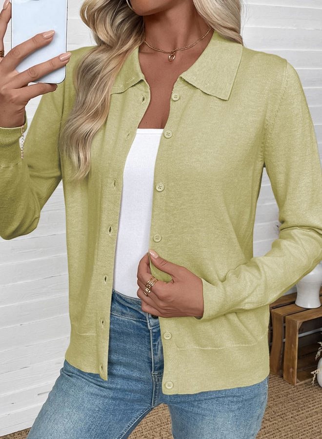 EVALESS Cardigan Sweaters for Women Wool Blend Lightweight Trendy Long Sleeve Lapel Collar Button Down Sweater Cardigans, Windy Green, S - Image 2