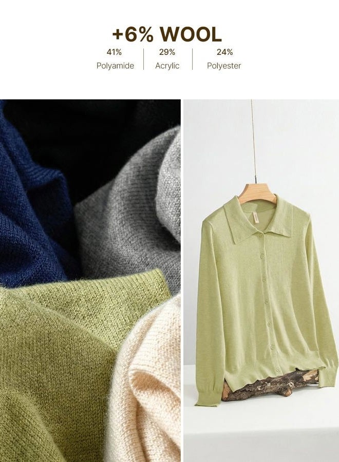 EVALESS Cardigan Sweaters for Women Wool Blend Lightweight Trendy Long Sleeve Lapel Collar Button Down Sweater Cardigans, Windy Green, S - Image 5