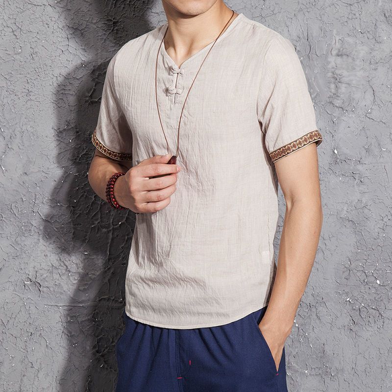 Chinese Style Men'S Cotton And Linen T-Shirt Summer Loose Hanfu Short-Sleeved Antique Top Chinese Style Retro Linen T-Shirt - Image 1