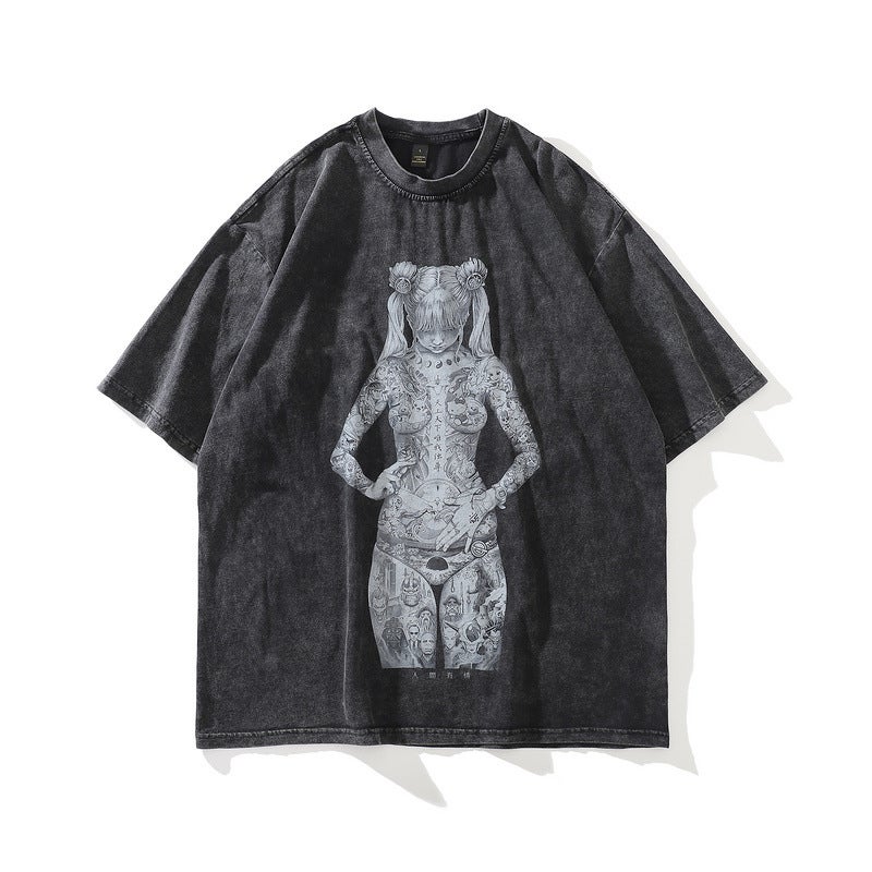 Vintage Streetwear Tee with Ukiyo-e Tattoo Girl Design D85 - Image 5