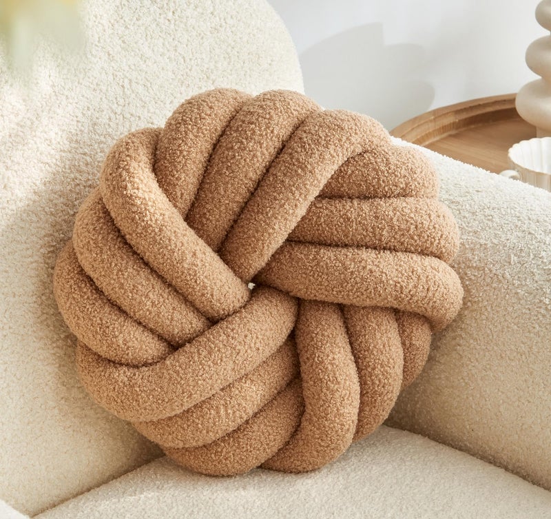 Vdoioe Khaki Knot Pillow 13.7'' Round Throw Pillow Soft Plush Knot Ball Pillow Handmade Knotted Pillow Modern Home Decorative Knotted Pillow Cushion for Bed Bedroom, Sofa, Couch - Image 1