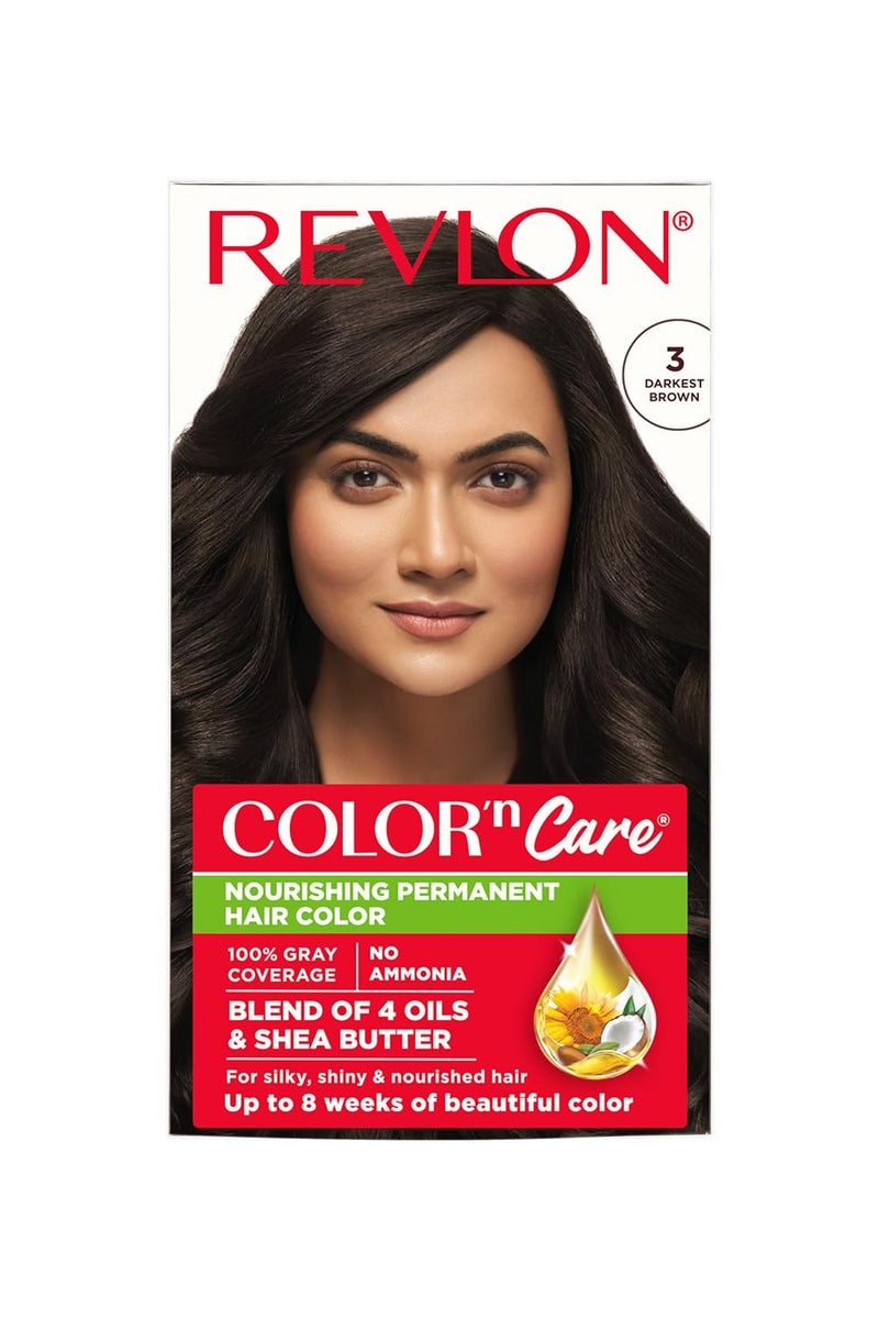 Revlon Color 'n Care Permanent Hair Color for Women -3 Darkest Brown | Blend of 4 oil's & Shea Butter| For Silky, Shiny & Nourished Hair | 100% Grey Coverage in 5 Minutes | Ammonia Free - Image 1