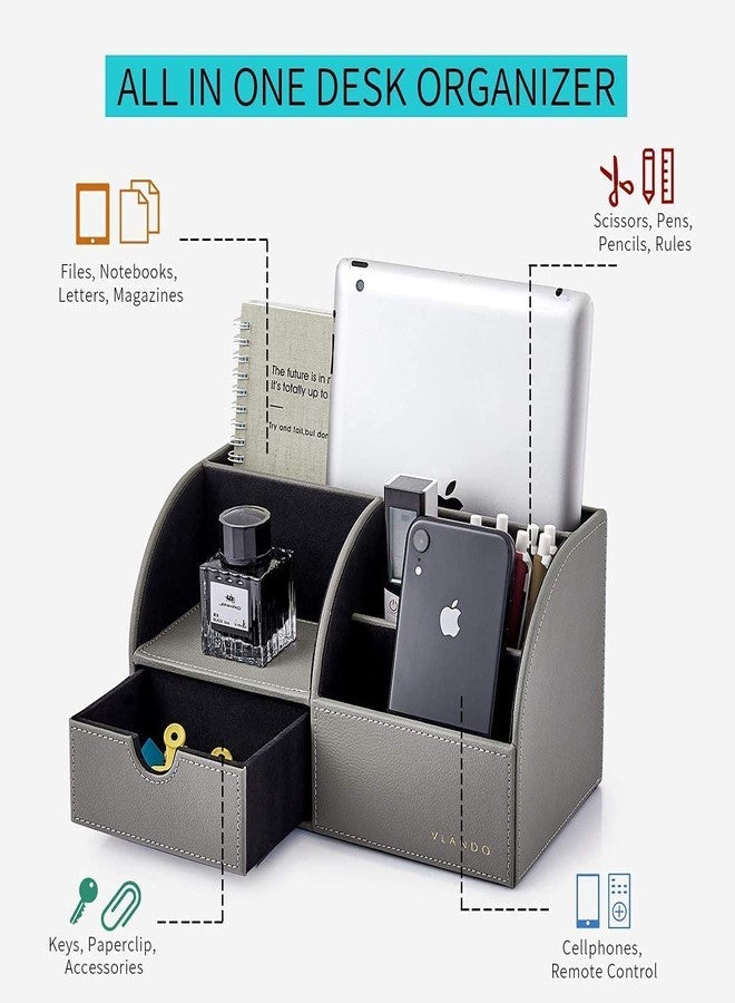 Vlando Office Desk Organizer Leather Desktop Organizer Caddy with Drawer for Storing Desktop Supplies and Accessories (Grey Set) - Image 2