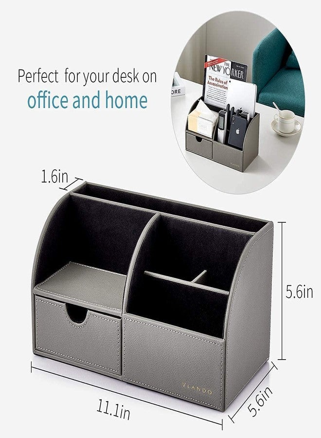 Vlando Office Desk Organizer Leather Desktop Organizer Caddy with Drawer for Storing Desktop Supplies and Accessories (Grey Set) - Image 4