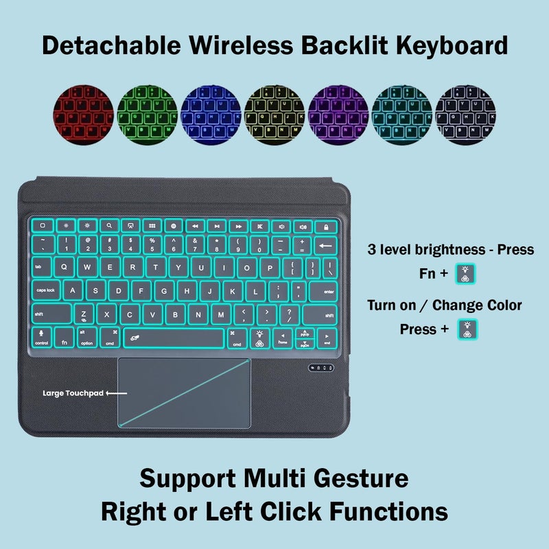 TECPHILE Wireless Keyboard Case for iPad Air 11 M3 2025 /M2 2024 & Air 10.9” (5th/ 4th) & iPad Pro 11 inch with Kickstand, Large Touchpad, 7 Colors Backlit, Pencil Holder, Magnetic Detachable Cover - Image 3