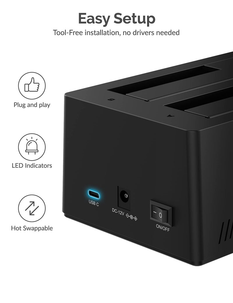 SABRENT USB Type C SATA 2.5” & 3.5” Dual Bay Hard Drive Docking Station | Offline Cloning | Up to 5Gbps | Tool Free Installation (EC-CH2B) - Image 5