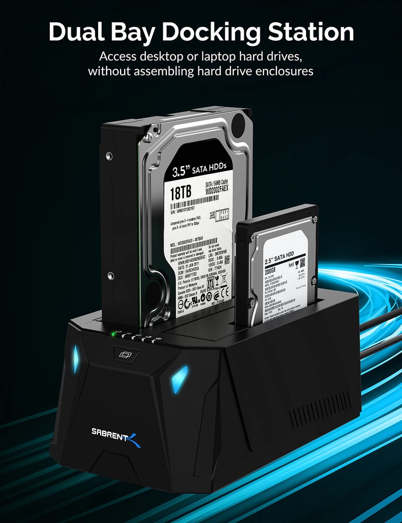 SABRENT USB Type C SATA 2.5” & 3.5” Dual Bay Hard Drive Docking Station | Offline Cloning | Up to 5Gbps | Tool Free Installation (EC-CH2B) - Image 2
