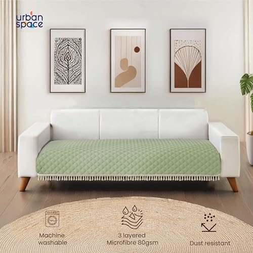 Urban Space 3 Seater Microfiber Quilted Sofa Cover mat with Tassels, Easy Care & Machine Washable Cover, Anti-Slip Backing Sofa Seat Runner for Couch for Living Space (3 Seater - Sage Green) - Image 2