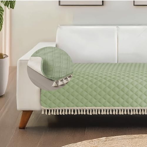 Urban Space 3 Seater Microfiber Quilted Sofa Cover mat with Tassels, Easy Care & Machine Washable Cover, Anti-Slip Backing Sofa Seat Runner for Couch for Living Space (3 Seater - Sage Green) - Image 1