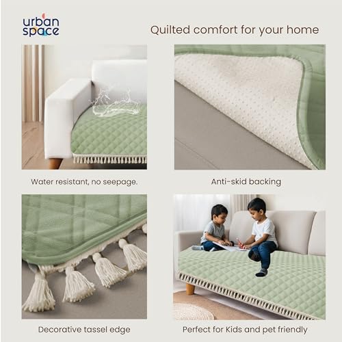 Urban Space 3 Seater Microfiber Quilted Sofa Cover mat with Tassels, Easy Care & Machine Washable Cover, Anti-Slip Backing Sofa Seat Runner for Couch for Living Space (3 Seater - Sage Green) - Image 4