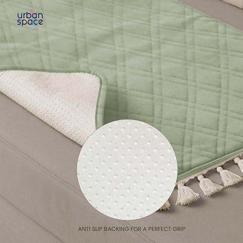 Urban Space 3 Seater Microfiber Quilted Sofa Cover mat with Tassels, Easy Care & Machine Washable Cover, Anti-Slip Backing Sofa Seat Runner for Couch for Living Space (3 Seater - Sage Green) - Image 3