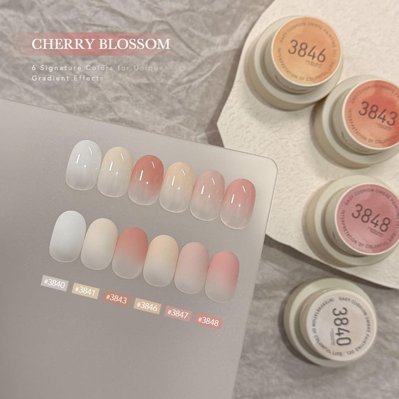 GAOY Cushion Ombre Painting Gel Kit, 6 Colors Gradient Patting Gel Polish with Sponges and Grabber Tool, for Ombre Nails Aura Blush Blend Nail Art Home & Salon Use, Pigmented No Wipe, Cherry Blossom - Image 4