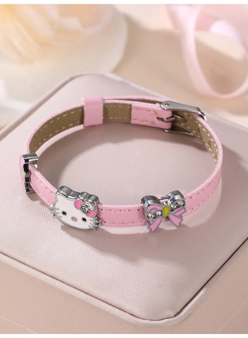 هالو كيتي سوار يد بتصميم هيلو كيتي باللون الوردي مصنوع من جلد صناعي ناعم ومتينة مريح على المعصم مناسب لتقديمه كهدية للفتيات ومحبي شخصية هالو كيتي. - Image 1