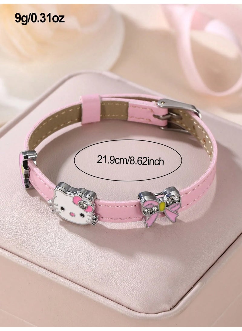 هالو كيتي سوار يد بتصميم هيلو كيتي باللون الوردي مصنوع من جلد صناعي ناعم ومتينة مريح على المعصم مناسب لتقديمه كهدية للفتيات ومحبي شخصية هالو كيتي. - Image 2