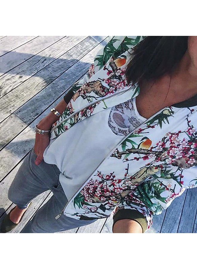 ECOWISH Women's Casual Floral Zip Up Bomber Jacket Coat Stand Collar Lightweight Short Outwear Tops, Blue, X-Large - Image 3