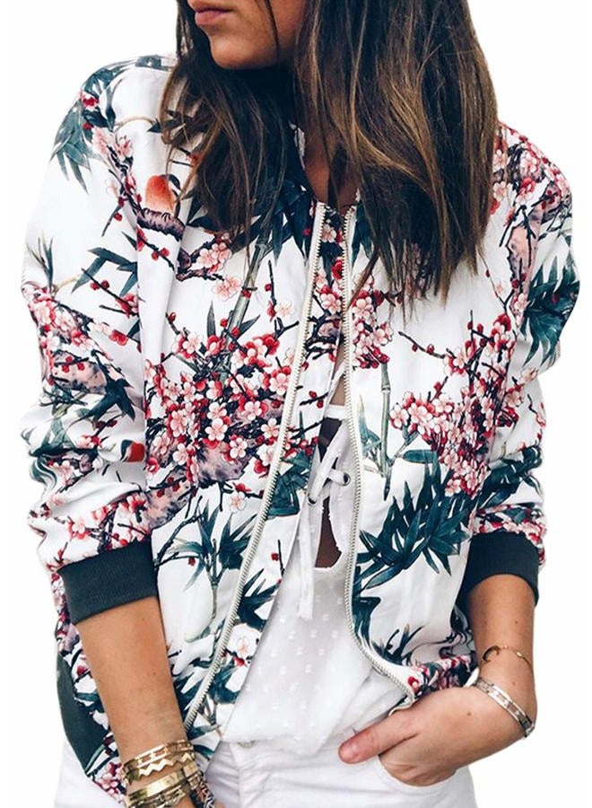 ECOWISH Women's Casual Floral Zip Up Bomber Jacket Coat Stand Collar Lightweight Short Outwear Tops, Blue, X-Large - Image 1