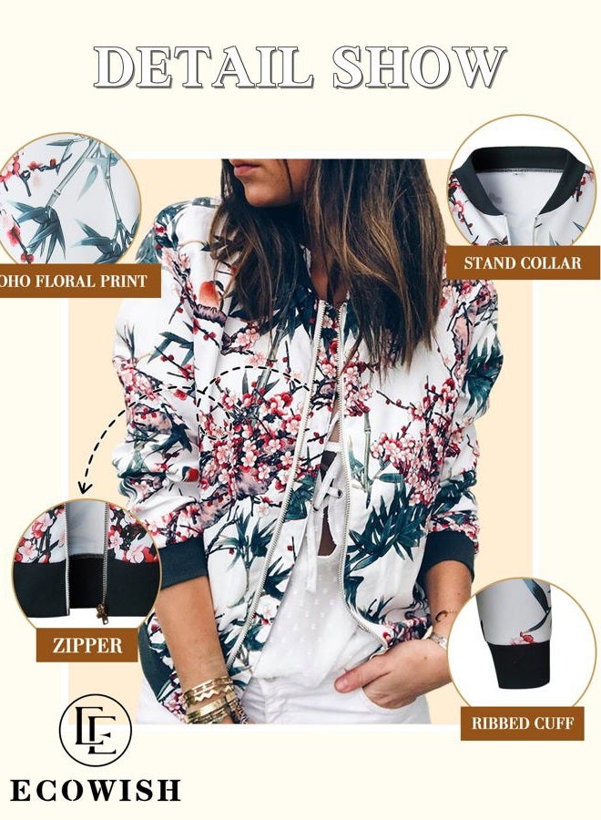 ECOWISH Women's Casual Floral Zip Up Bomber Jacket Coat Stand Collar Lightweight Short Outwear Tops, Blue, X-Large - Image 4