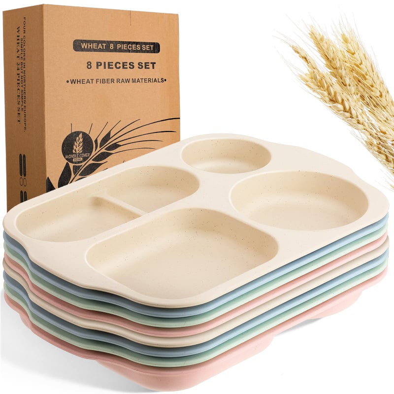 Vesici 8 Pcs Large 12 Inch Unbreakable Divided Plates for Kids Adults  Wheat Straw Tray  Microwave Dishwasher Safe  Reusable Plastic Compartment PlatesPink Blue Beige Green