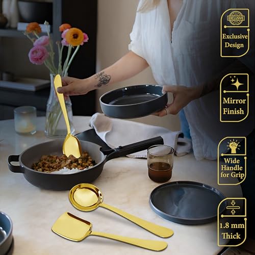 Parage 3 Pieces Stainless Steel Golden Serving Spoons Set for Dining Table/Kitchen, 1.8 mm Heavy Gauge (1 Soup Ladle (Karchi), 1 Solid Spoon (Chamcha), 1 Rice Spoon), PVD Gold (Pack of 3) - Image 5