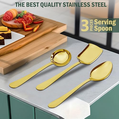 Parage 3 Pieces Stainless Steel Golden Serving Spoons Set for Dining Table/Kitchen, 1.8 mm Heavy Gauge (1 Soup Ladle (Karchi), 1 Solid Spoon (Chamcha), 1 Rice Spoon), PVD Gold (Pack of 3) - Image 4
