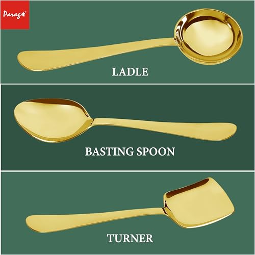 Parage 3 Pieces Stainless Steel Golden Serving Spoons Set for Dining Table/Kitchen, 1.8 mm Heavy Gauge (1 Soup Ladle (Karchi), 1 Solid Spoon (Chamcha), 1 Rice Spoon), PVD Gold (Pack of 3) - Image 2