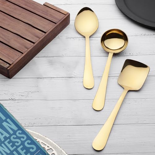 Parage 3 Pieces Stainless Steel Golden Serving Spoons Set for Dining Table/Kitchen, 1.8 mm Heavy Gauge (1 Soup Ladle (Karchi), 1 Solid Spoon (Chamcha), 1 Rice Spoon), PVD Gold (Pack of 3) - Image 3