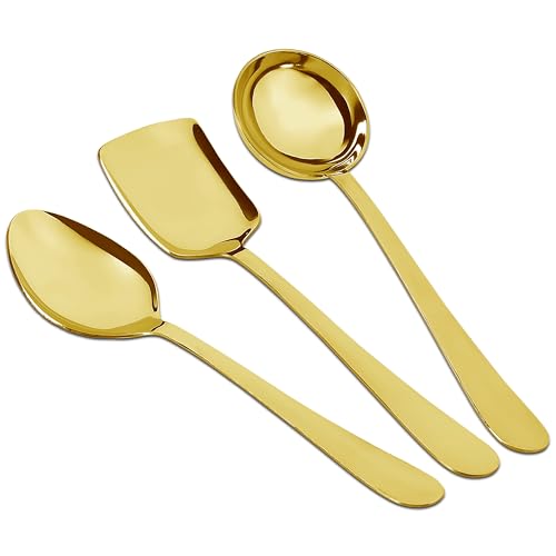 Parage 3 Pieces Stainless Steel Golden Serving Spoons Set for Dining Table/Kitchen, 1.8 mm Heavy Gauge (1 Soup Ladle (Karchi), 1 Solid Spoon (Chamcha), 1 Rice Spoon), PVD Gold (Pack of 3) - Image 1