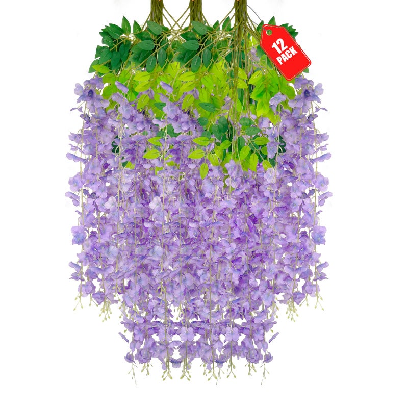 ZEBMOON 12 Pack Light Purple Wisteria Hanging Flowers, 3.44 Ft Fake Hanging Flowers, Artificial Wisteria Garland Vines for Wedding Room Backdrop Outdoor Patio Garden Decoration - Image 1