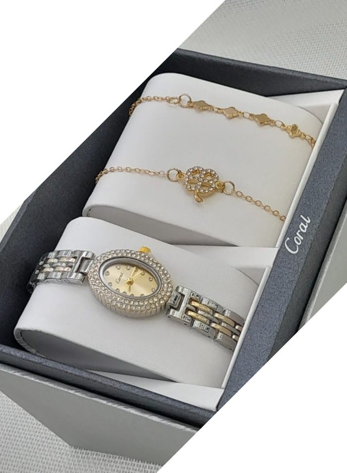 كورال طقم ساعة نسائي  بتصميم انيق مكون من -ساعة - -مع مجموعة اساور