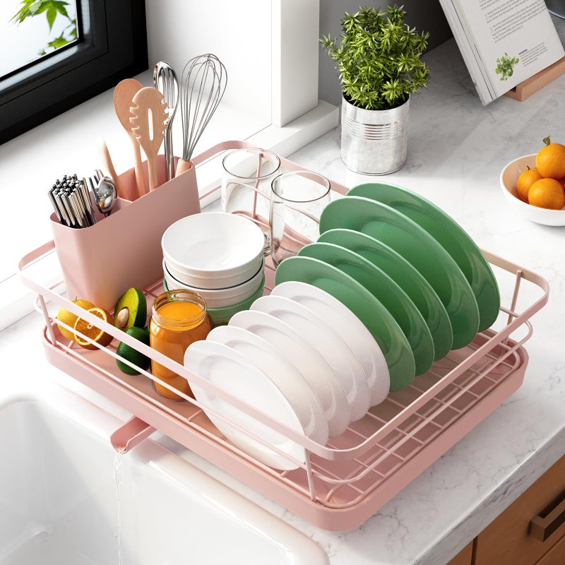 Kitsure Dish Drying Rack for Kitchen Counter Stainless Steel Sink Organization and Storage Essentials with Cutlery Holder Home and Appartment Decor 12W x 155L Pink
