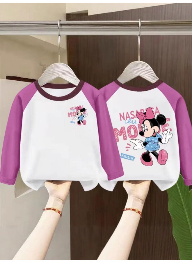 Children's Clothing Printed New Girls' T-shirt Base, Autumn Clothes, Pure Cotton Top, Versatile, Medium To Large Children's Long Sleeved, Children's Fashion - Image 2