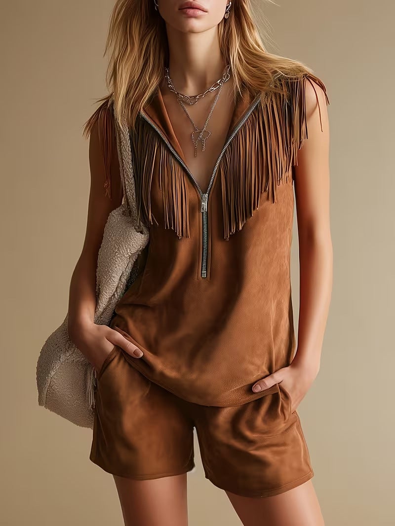 Suede Fringe Sleeveless Top and Shorts Set Women Casual Summer Outfit - Image 2