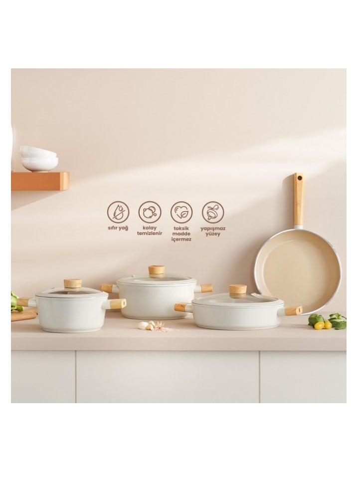 Homemaker - 7-Pieces Swiss Crystal High Quality Ceramic Coating Non-Stick Cookware Set - Glass Lids With Protective Silicon Edge - Natural Wood Handles and Knobs - 2 Deep & 1 Low Casseroles - 1 Frypan - Beige - Image 1