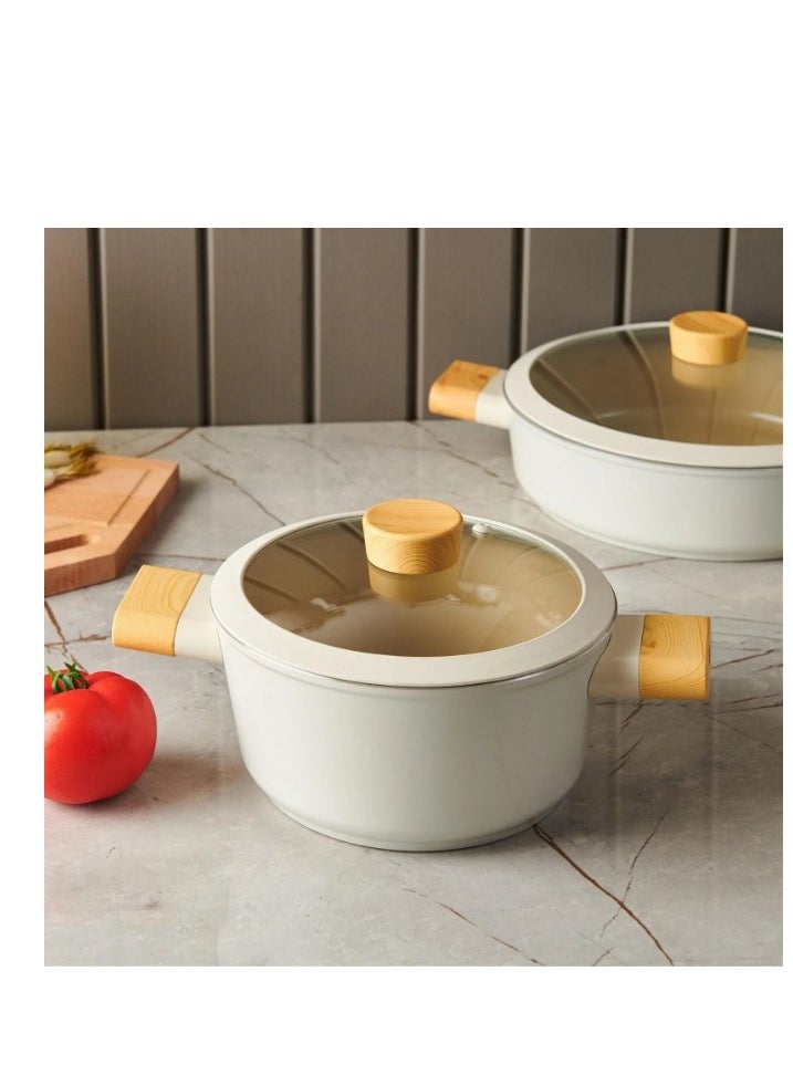 Homemaker - 7-Pieces Swiss Crystal High Quality Ceramic Coating Non-Stick Cookware Set - Glass Lids With Protective Silicon Edge - Natural Wood Handles and Knobs - 2 Deep & 1 Low Casseroles - 1 Frypan - Beige - Image 1