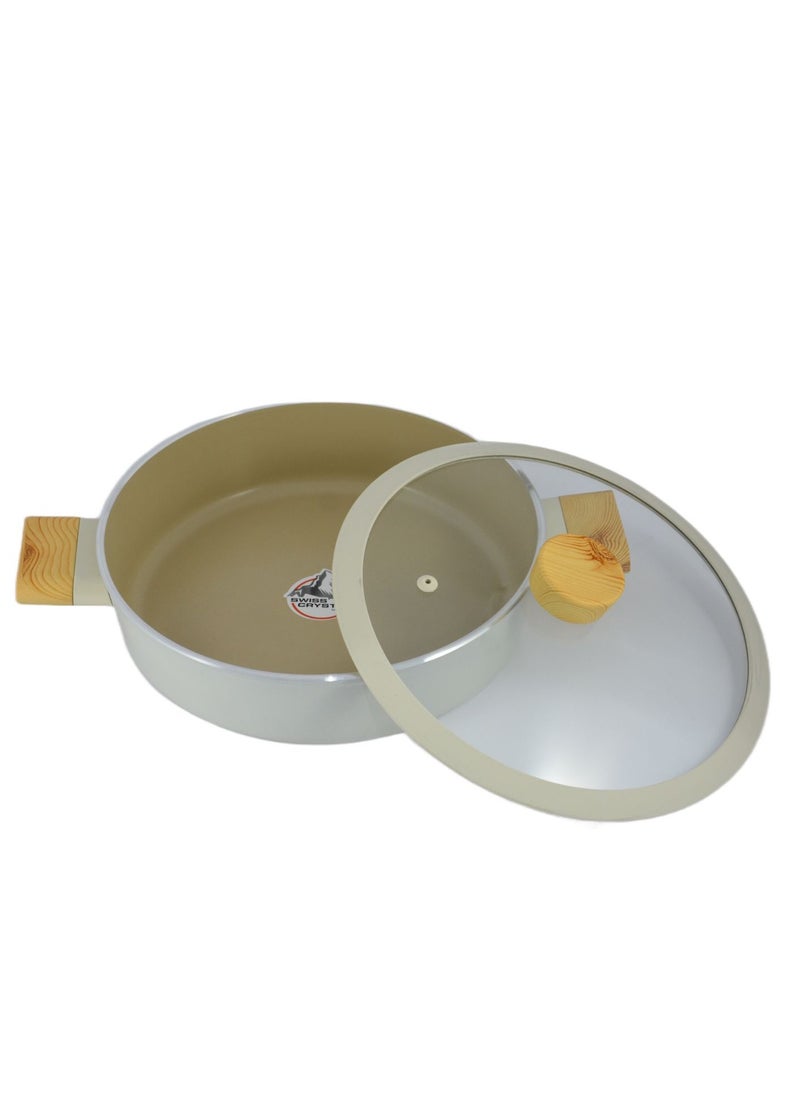 Homemaker - 7-Pieces Swiss Crystal High Quality Ceramic Coating Non-Stick Cookware Set - Glass Lids With Protective Silicon Edge - Natural Wood Handles and Knobs - 2 Deep & 1 Low Casseroles - 1 Frypan - Beige - Image 1
