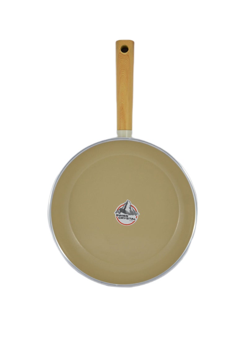 Homemaker - 7-Pieces Swiss Crystal High Quality Ceramic Coating Non-Stick Cookware Set - Glass Lids With Protective Silicon Edge - Natural Wood Handles and Knobs - 2 Deep & 1 Low Casseroles - 1 Frypan - Beige - Image 1
