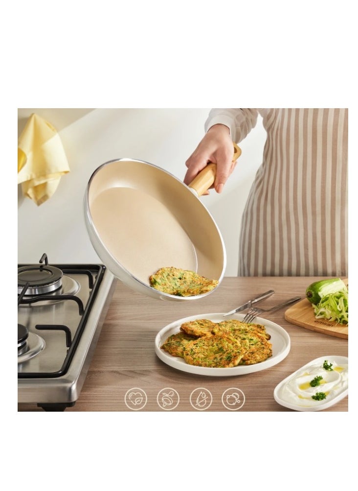 Homemaker - 7-Pieces Swiss Crystal High Quality Ceramic Coating Non-Stick Cookware Set - Glass Lids With Protective Silicon Edge - Natural Wood Handles and Knobs - 2 Deep & 1 Low Casseroles - 1 Frypan - Beige - Image 1