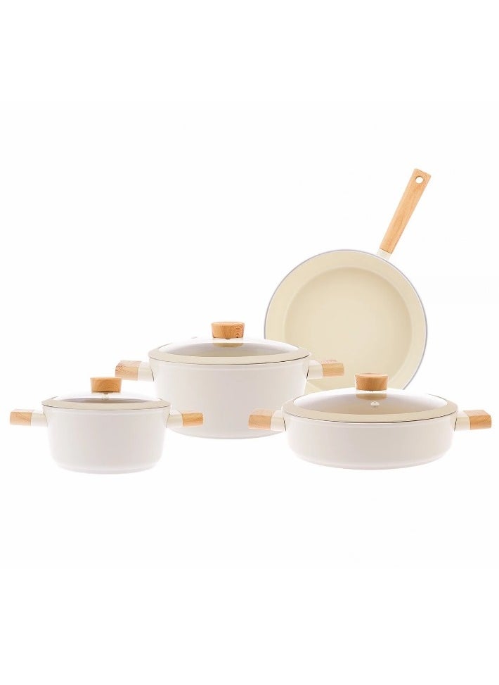 Homemaker - 7-Pieces Swiss Crystal High Quality Ceramic Coating Non-Stick Cookware Set - Glass Lids With Protective Silicon Edge - Natural Wood Handles and Knobs - 2 Deep & 1 Low Casseroles - 1 Frypan - Beige - Image 1