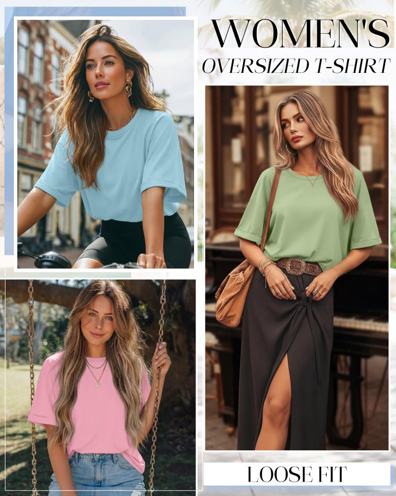 Riyiper 3 Pack Women's Oversized T-Shirt Half Sleeve Summer Tees Casual Loose Fit Crew Neck Basic Tops(Baby Blue, Peach Pink, Light Apple Green,Large) - Image 3