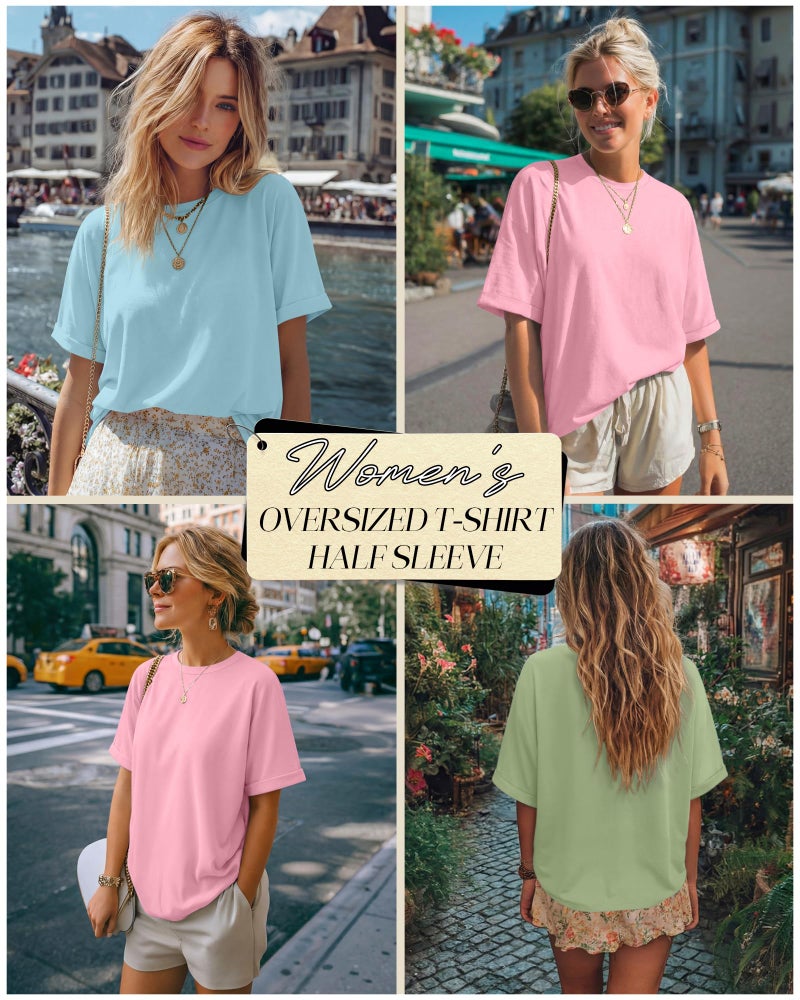 Riyiper 3 Pack Women's Oversized T-Shirt Half Sleeve Summer Tees Casual Loose Fit Crew Neck Basic Tops(Baby Blue, Peach Pink, Light Apple Green,Large) - Image 2
