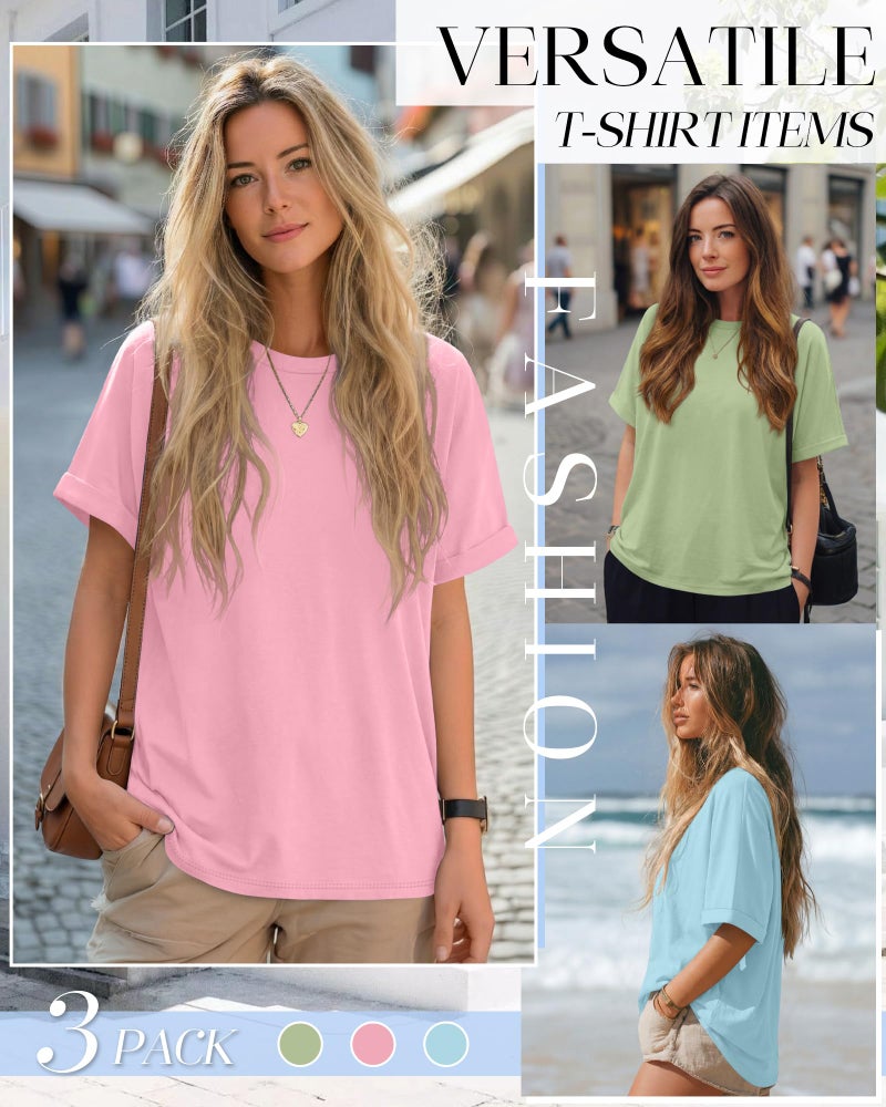 Riyiper 3 Pack Women's Oversized T-Shirt Half Sleeve Summer Tees Casual Loose Fit Crew Neck Basic Tops(Baby Blue, Peach Pink, Light Apple Green,Large) - Image 5