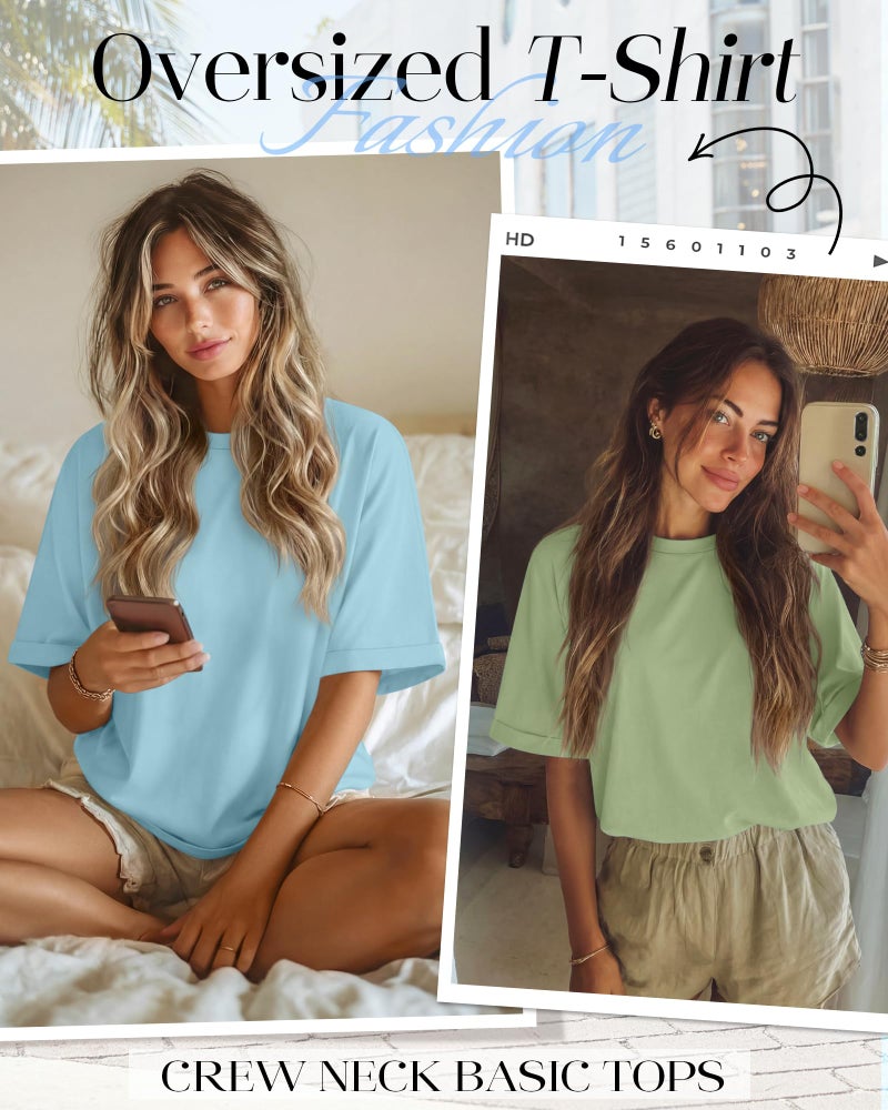Riyiper 3 Pack Women's Oversized T-Shirt Half Sleeve Summer Tees Casual Loose Fit Crew Neck Basic Tops(Baby Blue, Peach Pink, Light Apple Green,Large) - Image 4