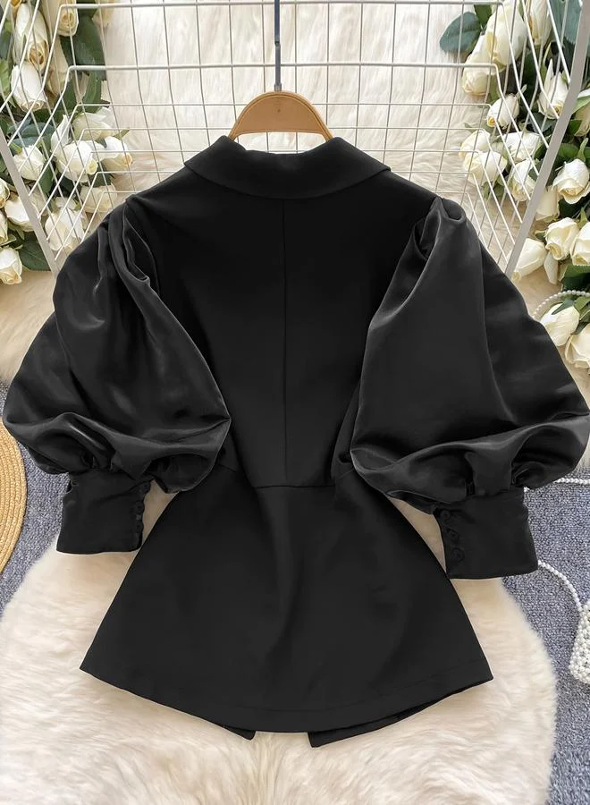 Take Two Black Puff Sleeve Slim Fit Blazer