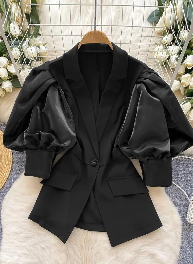 Take Two Black Puff Sleeve Slim Fit Blazer