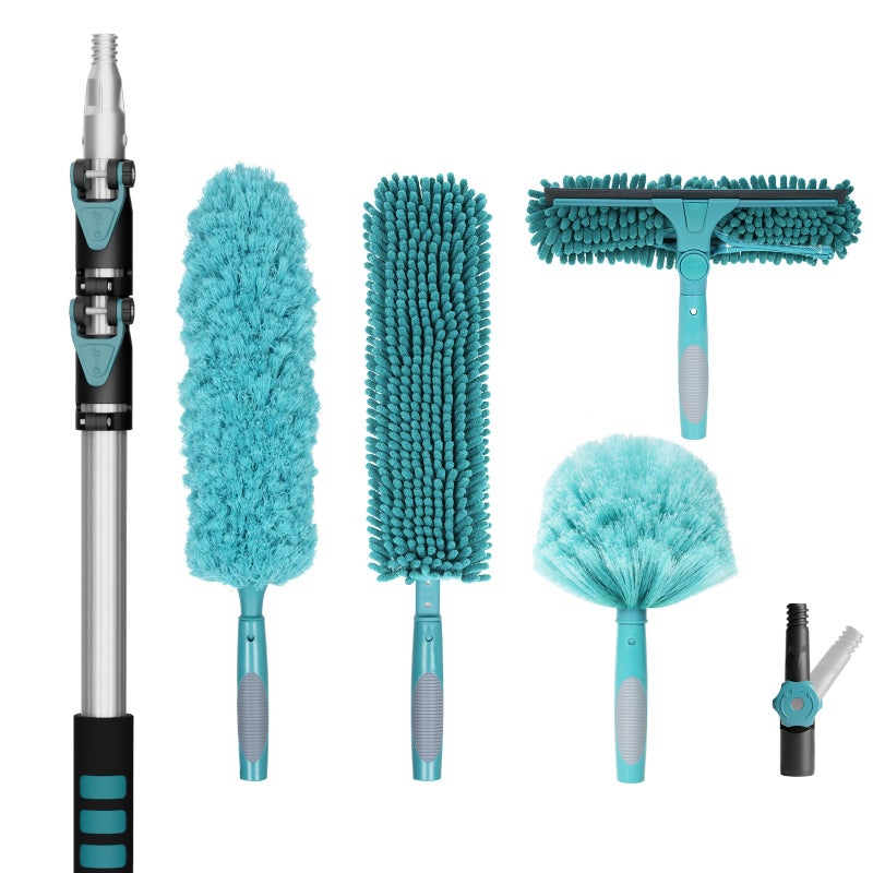 TelesPro 20 Foot High Reach Duster Kit with 5-12FT Extension Pole High Ceiling Dusting and Window Cleaning Kit with Telescopic Pole Window Washer&Squeegee,Cobweb Duster,Fan Duster and Feather Duster - Image 1