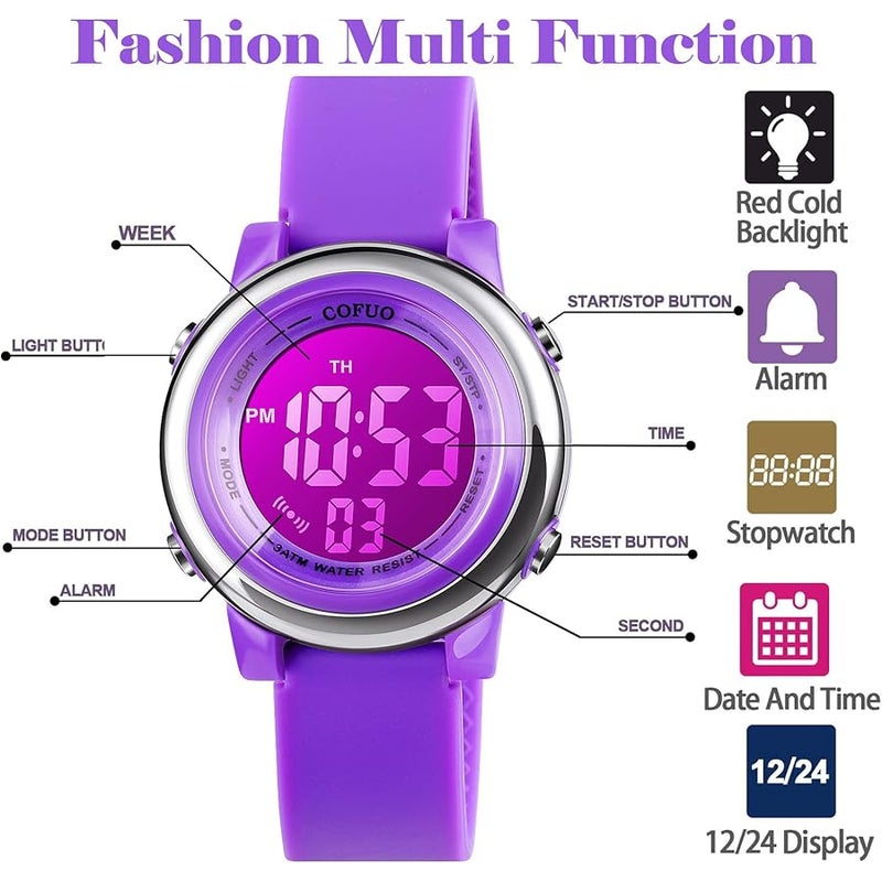 cofuo Kids Digital Sport Waterproof Watch for Girls Boys, Kid Sports Outdoor LED Electrical Watches with Luminous Alarm Stopwatch Child Wristwatch - Image 3